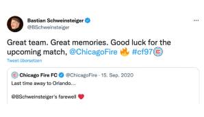 Da waren die bei den Chicago Fire aber selbst schuld. Da haben sie Schweinsteiger noch markiert. Vor dem Auswärtsspiel in Orlando erinnerten sie an das Jahr zuvor, als Schweinsteiger letztmals – in Orlando – das Fire-Trikot trug.