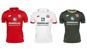 1. FSV MAINZ 05 - Heim- (li.), Auswärts- (M.) und Ausweichtrikot (re.)