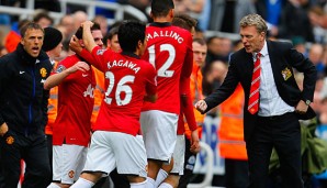 Coach David Moyes bejubelt das Tor von Juan Mata