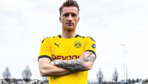 Kapitän Marco Reus präsentierte sich bereits im neuen Heimgewand, macht jedoch noch einen recht skeptischen Eindruck...