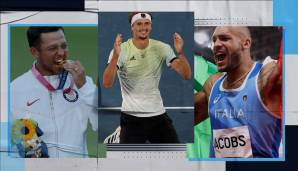 Xander Schauffele (l.), Alexander Zverev und Lamont Marcell Jacobs sind Olympiasieger.