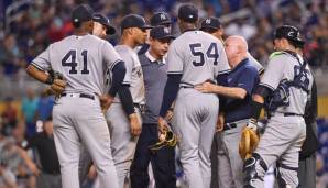 Aroldis Chapman rief nach nur sechs Pitches Betreuer auf den Mound und musste ausgewechselt werden.