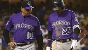 Trevor Story (r.) musste das Spiel gegen die Dodgers vorzeitig verlassen.