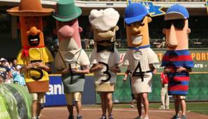 Die Famous Racing Sausages sind Teil der Pausen-Unterhaltung im Miller Park von Milwaukee.