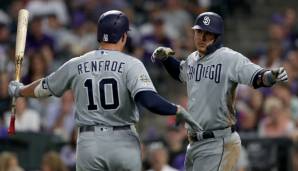 Hunter Renfroe (l.) bejubelt seine Leistung: Gegen die Rockies schlug er drei Homeruns.