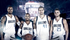 Dirk Nowitzki (2.v.r.) bekommt mit Chandler Parsons (r.) und Tyson Chandler (l.) zwei neue Kollegen