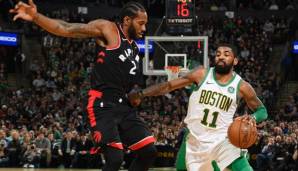 Kyrie Irving (r.) und Kawhi Leoanrd lieferten sich ein hochkarätiges Duell