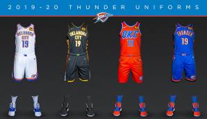 OKLAHOMA CITY THUNDER: Eine Überraschung gibt es bei OKC, die neben den mehr oder weniger bekannten weißen, blauen und orangenen (Statement Edition) Jerseys ein neues City-Edition-Trikot vorstellten.