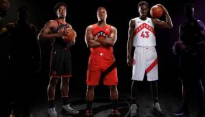 TORONTO RAPTORS: Die Kanadier präsentierten gleich drei neue Stoffe auf einmal. Die Silhouetten links und rechts im Bild deuten an, dass noch zwei weitere neue Trikots hinzukommen werden.