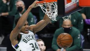 Platz 2: GIANNIS ANTETOKOUNMPO (Milwaukee Bucks) - 3.282.478 Stimmen - Stats 2020/21: 28,1 Punkte, 11,1 Rebounds und 5,5 Assists bei 56,2 Prozent aus dem Feld (24 Spiele)