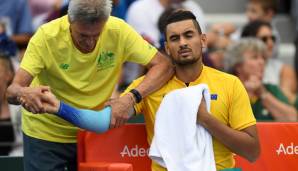 Nick Kyrgios musste sich bereits im Davis Cup am Ellbogen behandeln lassen